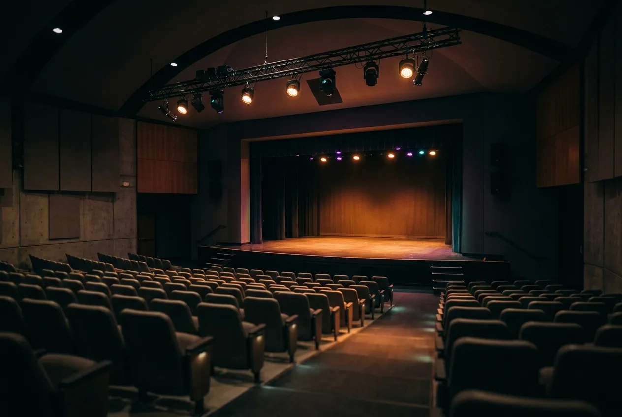 Modern school theatre auditorium with a modest overhead lighting rig, warm amber wash over an empty stage, rows of seats in the foreground