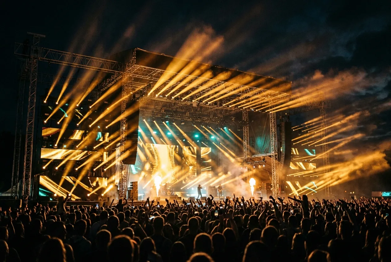 Large outdoor festival concert stage at night with a massive truss lighting rig, thick amber and gold beams cutting through haze