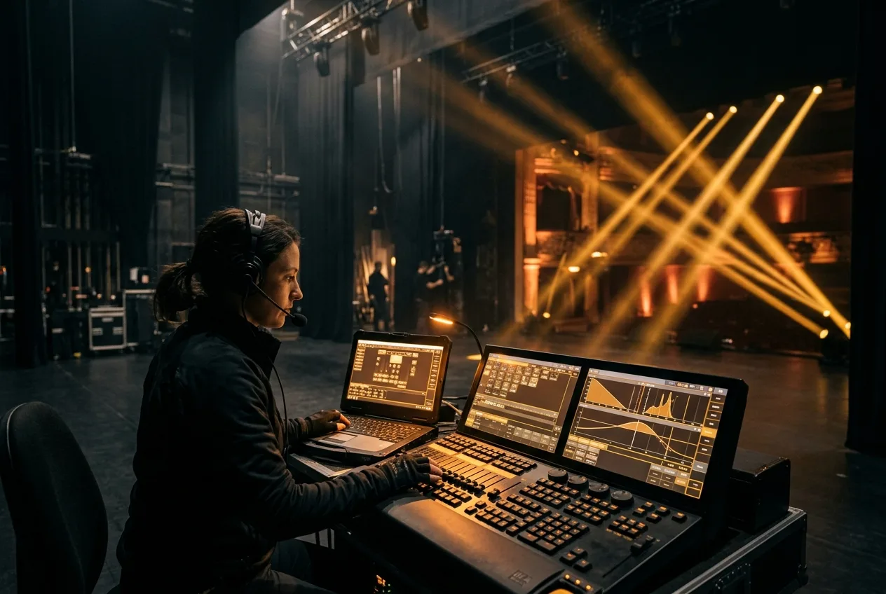 Professional lighting operator using DMXpressions on a laptop with stage-lighting console visible on screen, warm amber beams overhead