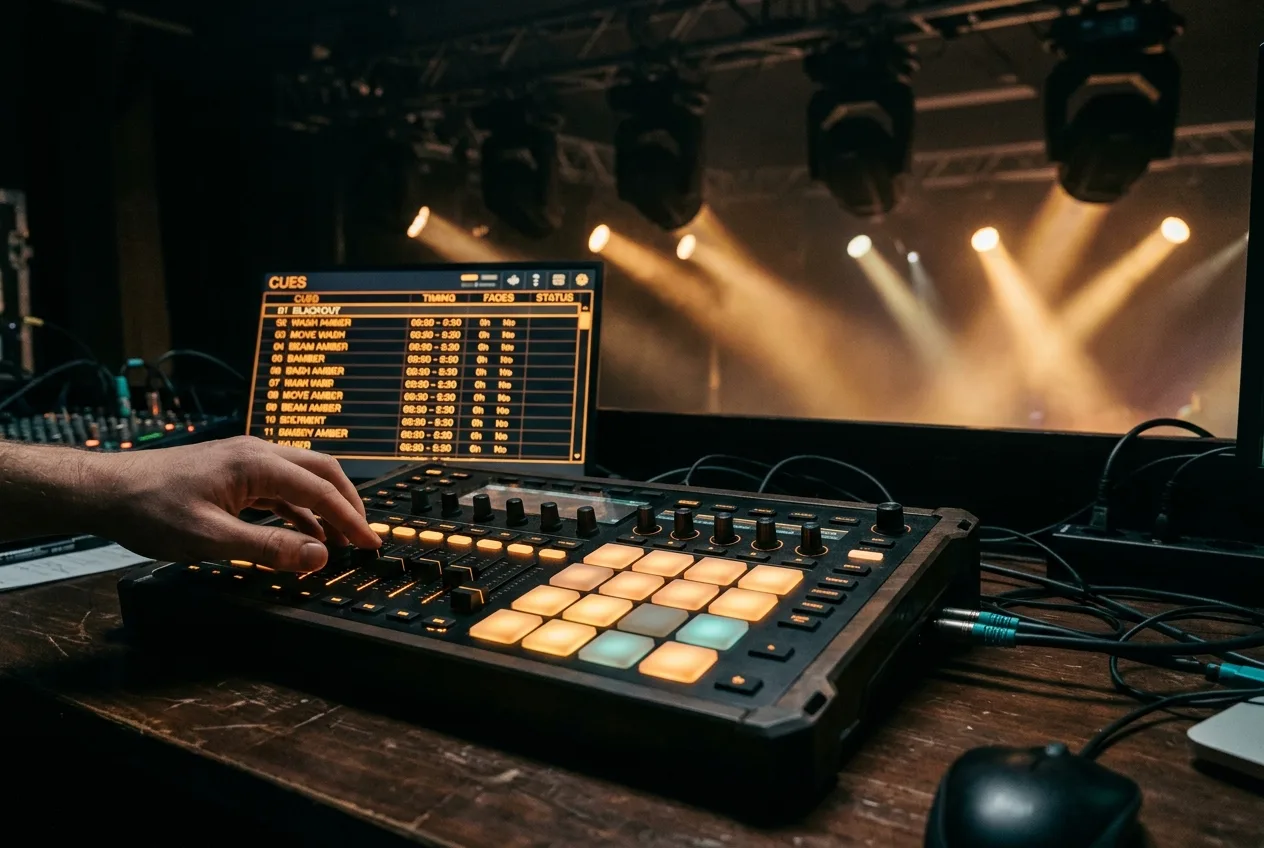 A professional MIDI controller with backlit pads and faders alongside stage lighting fixtures with amber beams in the background