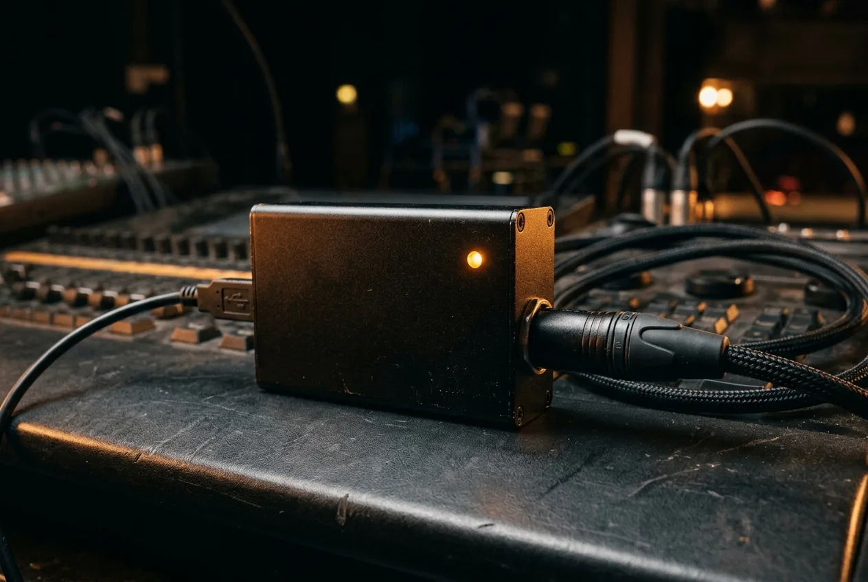 Close-up of a USB-DMX interface adapter box on a stage-console desk with an amber pilot LED and connected XLR cable