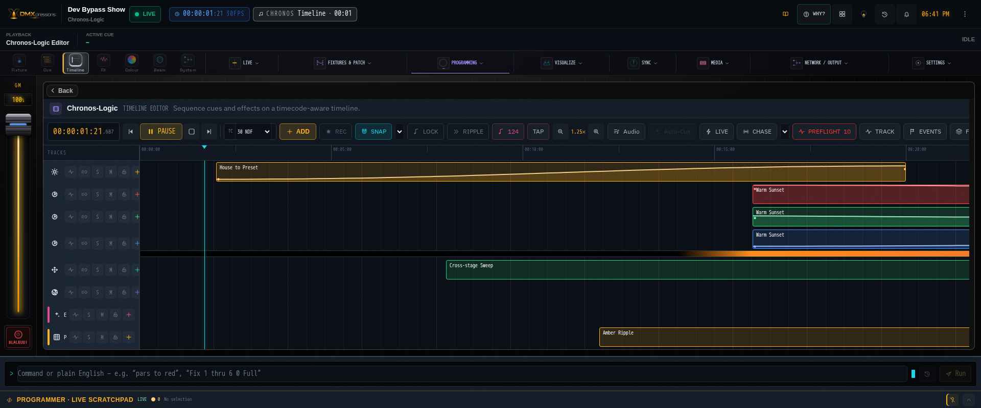 DMXpressions stage lighting software with a populated Chronos show timeline