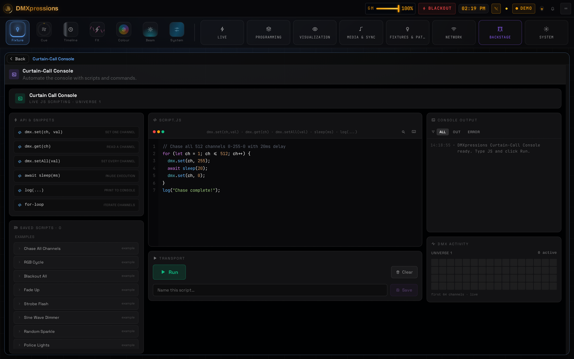 Screenshot of the Curtain Call Console showing JavaScript console-scripting in an IDE-style code editor with syntax highlighting and a live DMX activity monitor.