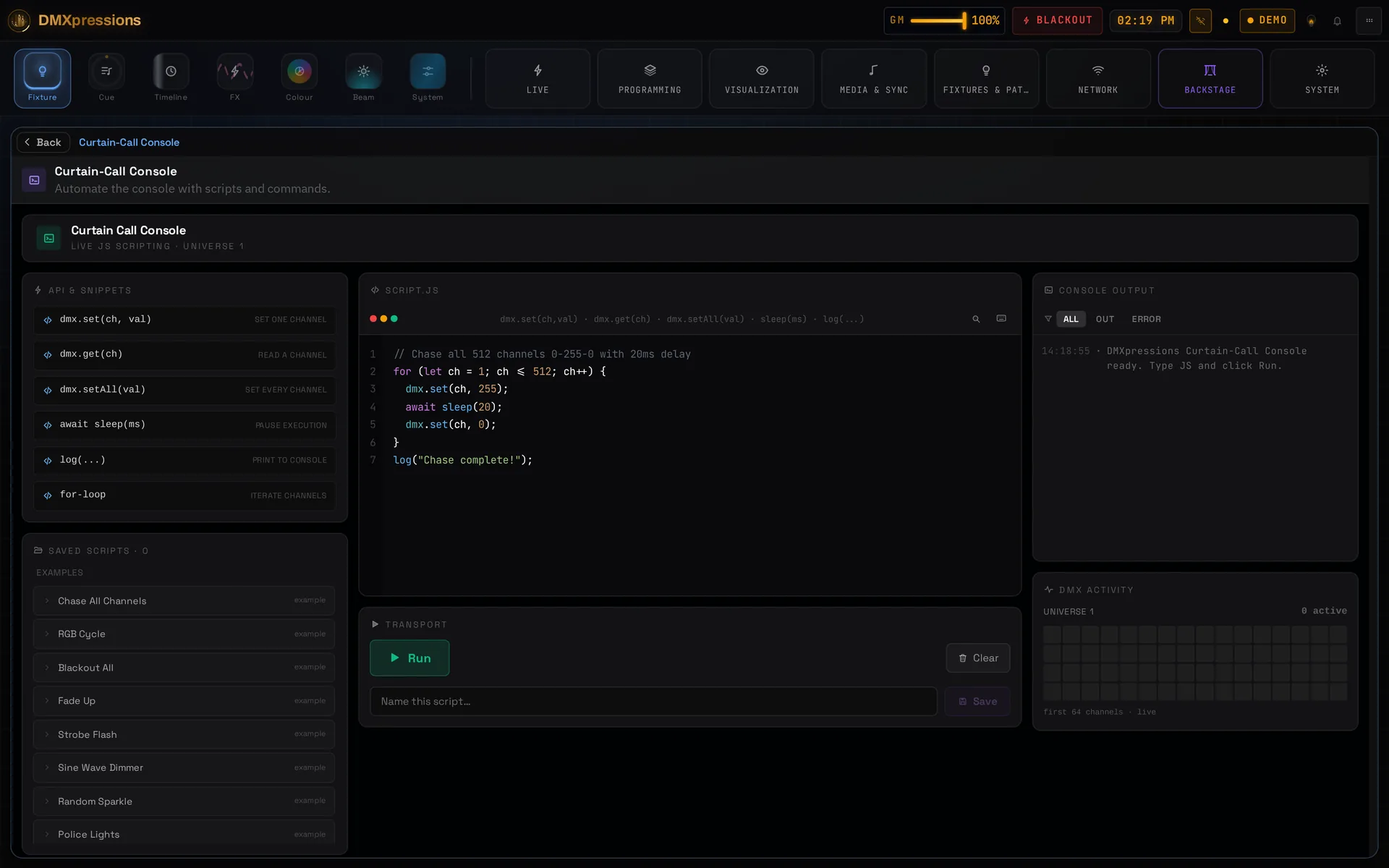 DMXpressions browser-based DMX lighting console with live controls and playback