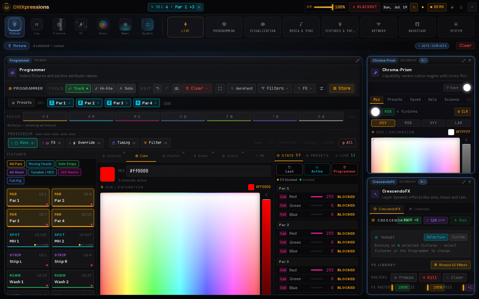 Screenshot of the full DMXpressions™ live programmer dashboard with the Chroma-Prism colour picker, Beam Sculptor beam controls, fixture groups and channel faders combined in one workspace.