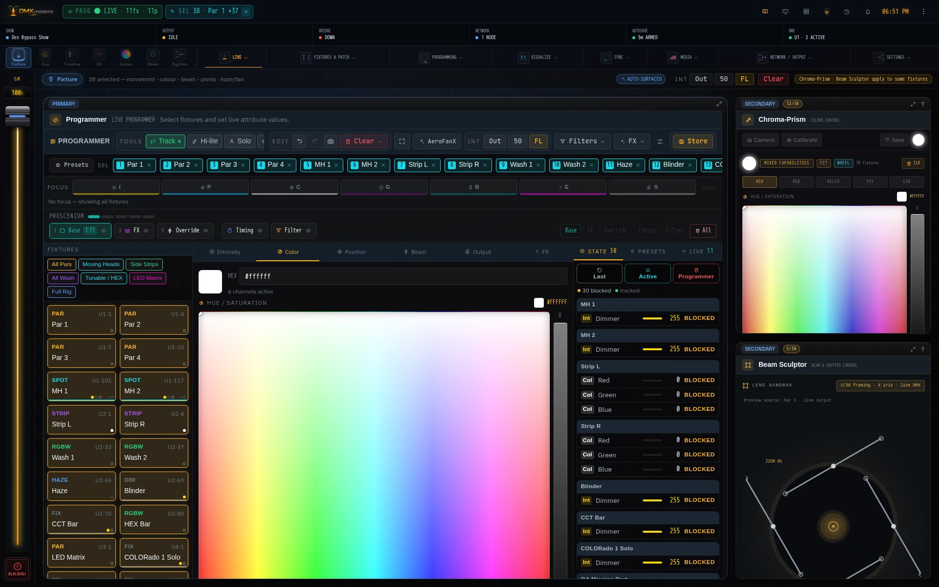 DMXpressions lighting control interface with fixture programming, cue and playback workspaces
