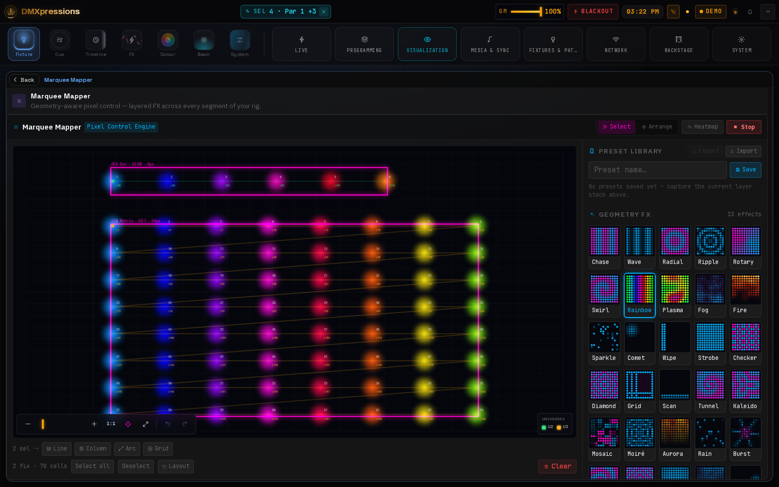 Screenshot of the Marquee Mapper pixel-mapping editor with a geometry-aware LED matrix layout and layered generative colour effects rendered across the pixels.