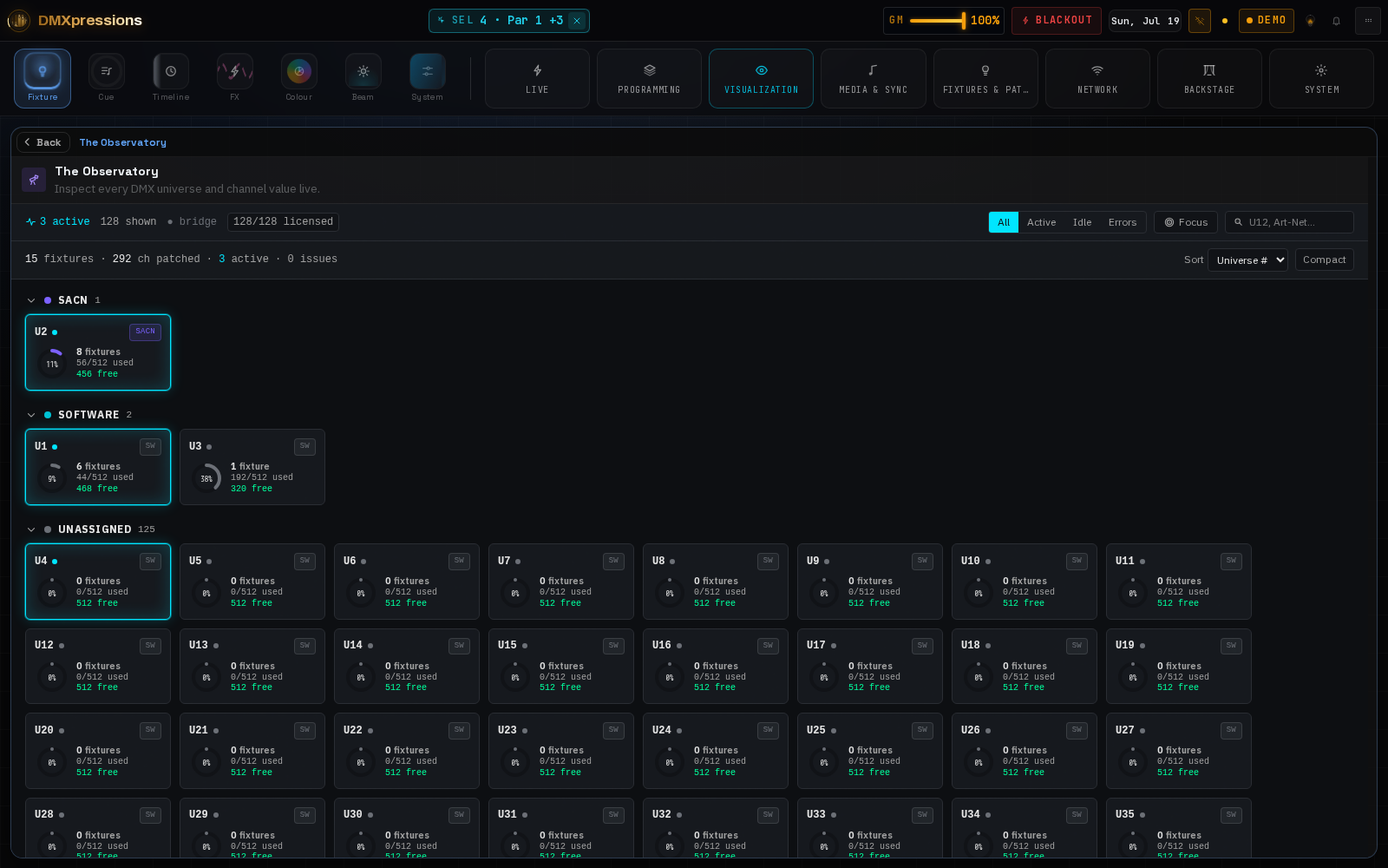 Screenshot of The Observatory DMX monitor showing live channel values in a universe grid across sACN, Art-Net and software patches.