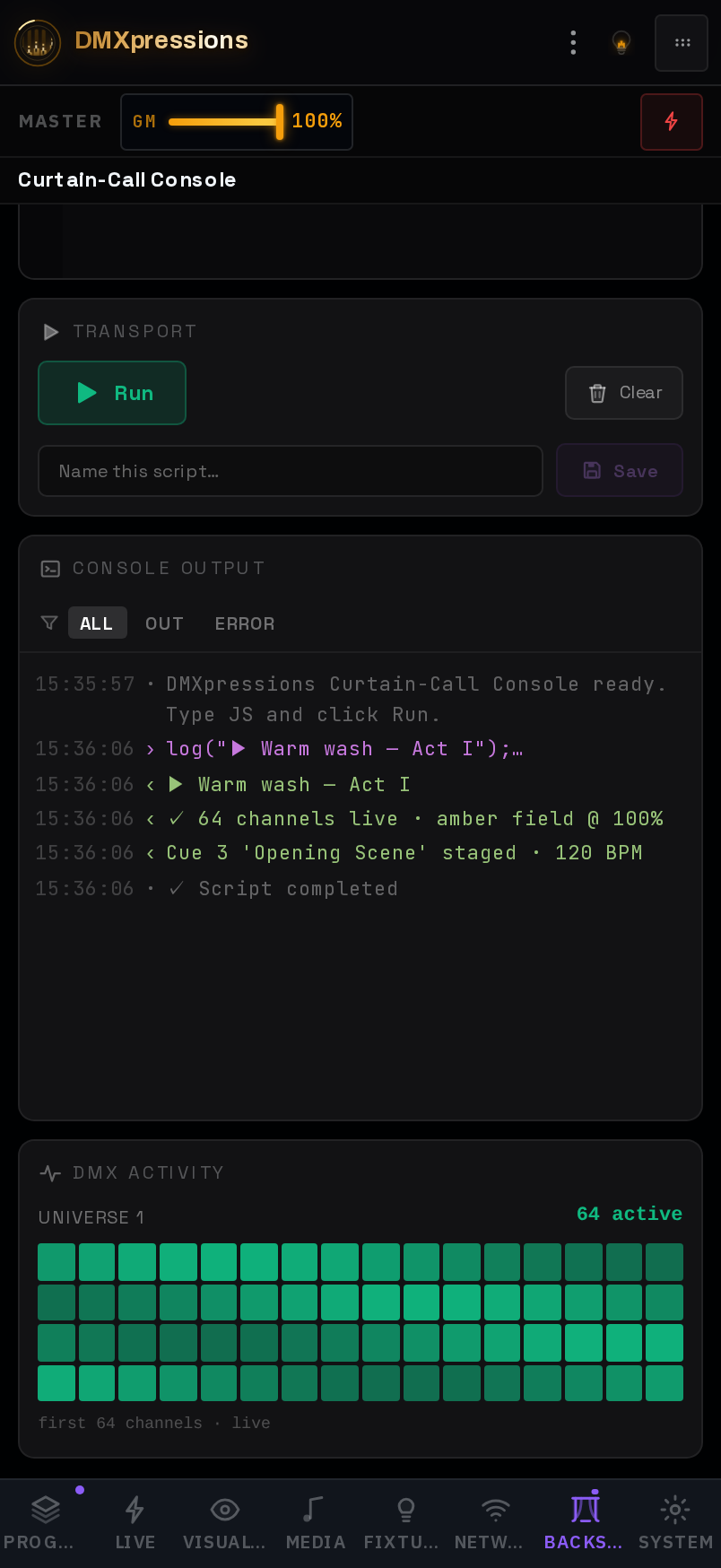 Phone screenshot of the Curtain Call Console JavaScript code editor running on a mobile screen.