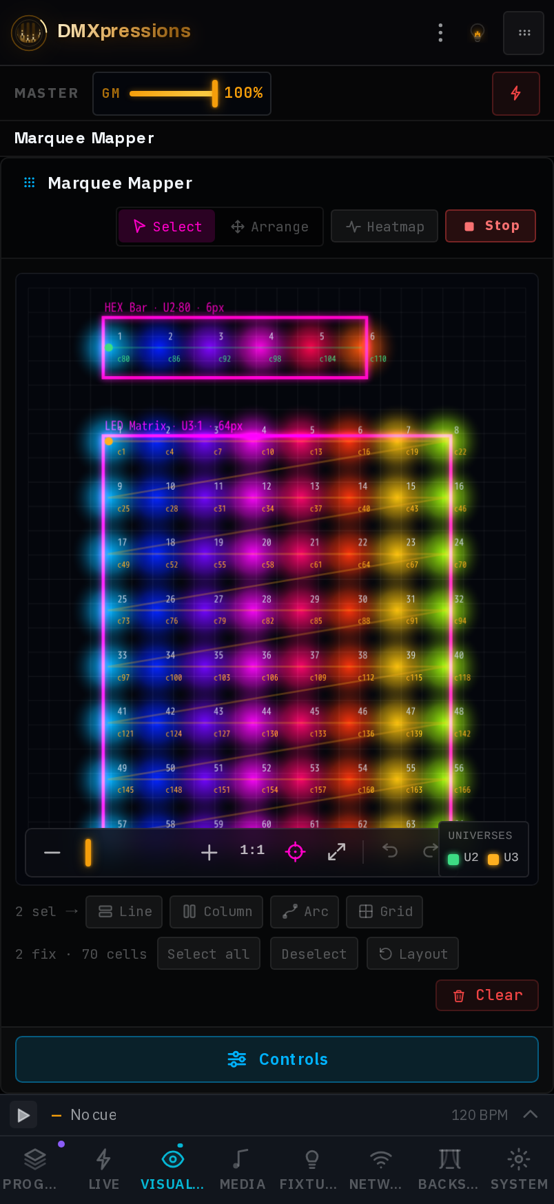 Phone screenshot of the Marquee Mapper pixel grid and effect controls on a mobile screen.