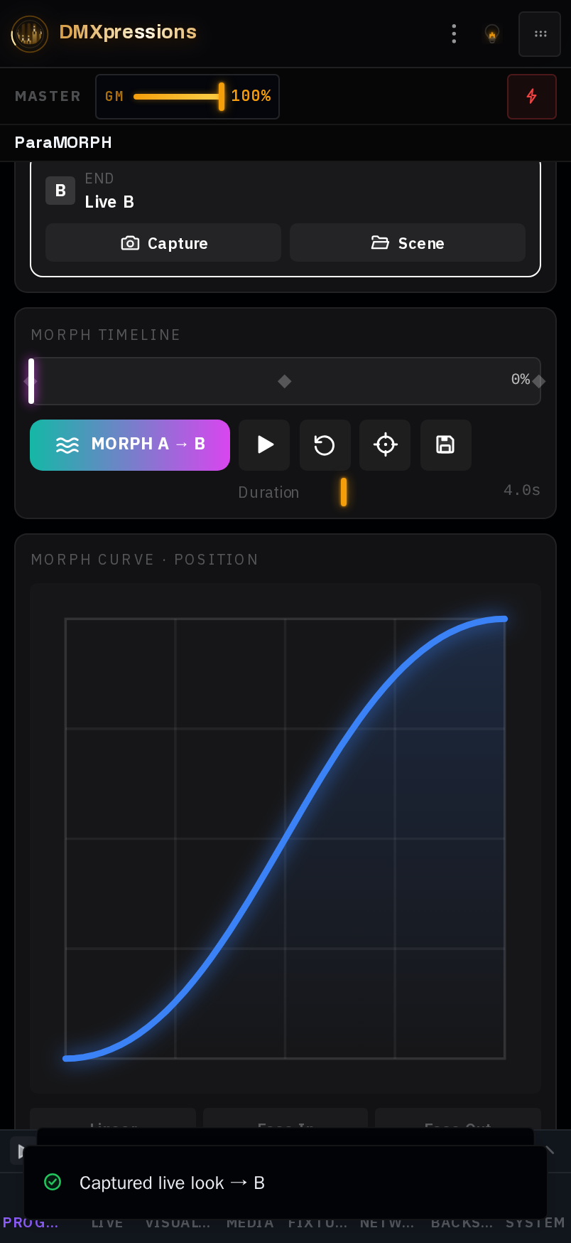 Phone screenshot of the ParaMORPH morph controls laid out for a narrow mobile screen.